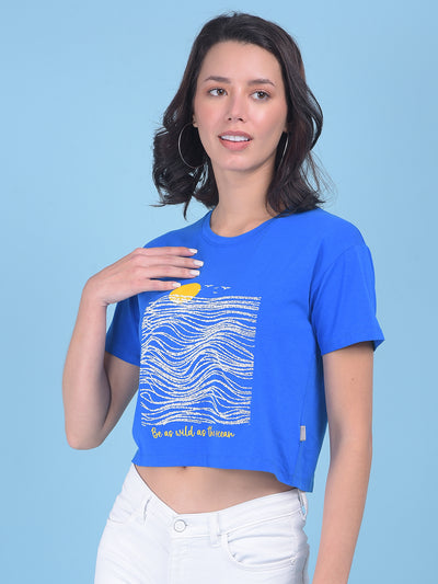 Navy Blue Graphic Print Crop T-Shirt-Women T-shirts-Crimsoune Club