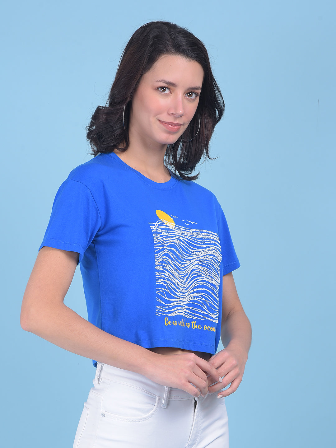 Navy Blue Graphic Print Crop T-Shirt-Women T-shirts-Crimsoune Club