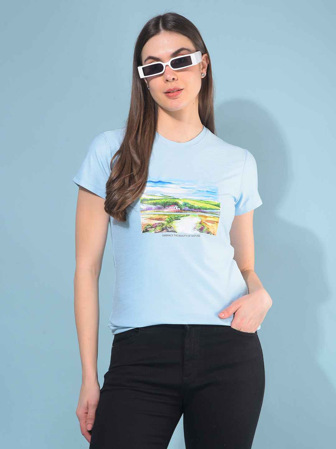 Blue Graphic T-Shirt-Women T-Shirts-Crimsoune Club