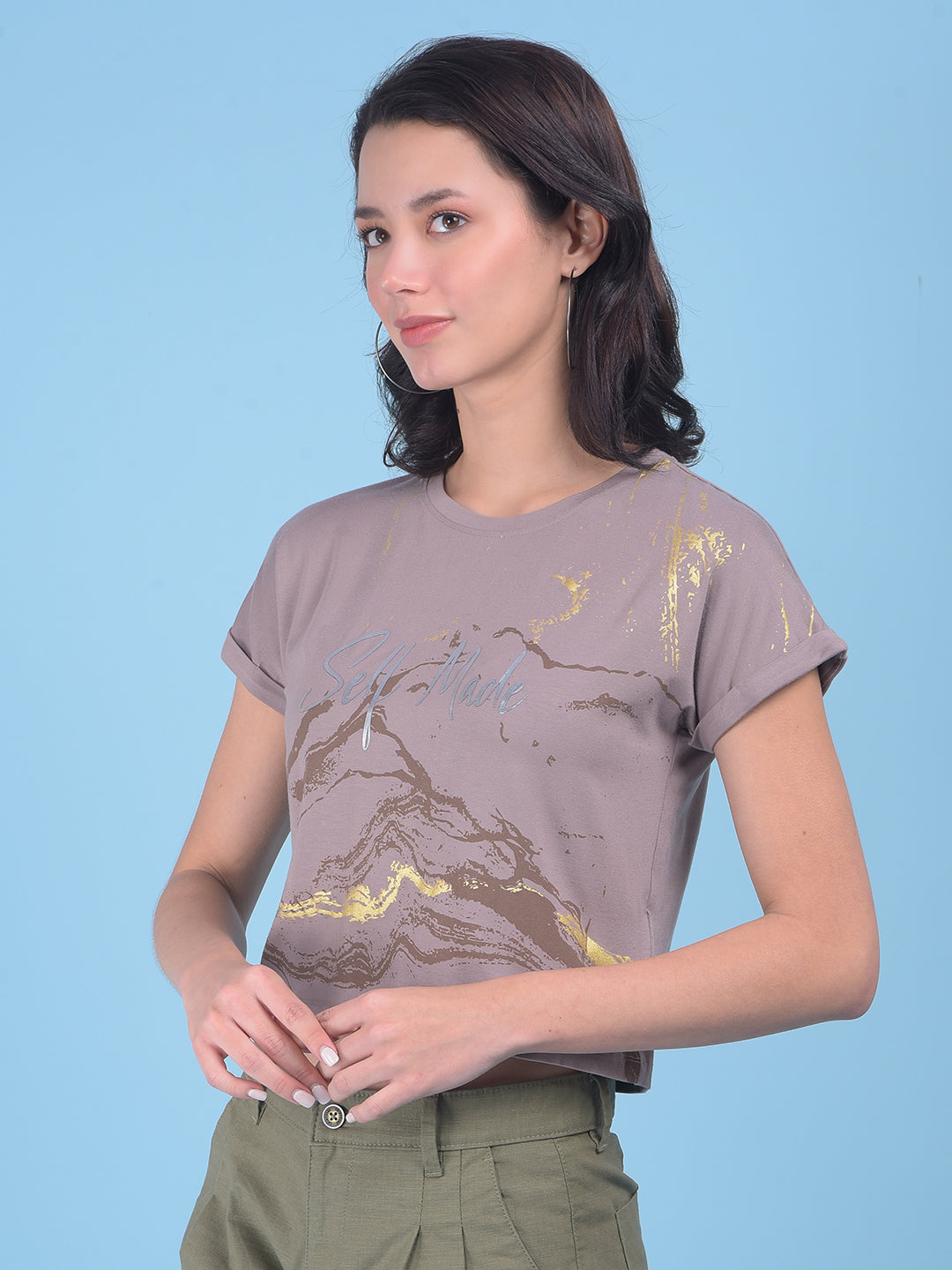 Grey Graphic Print Crop T-Shirt-Women T-shirts-Crimsoune Club