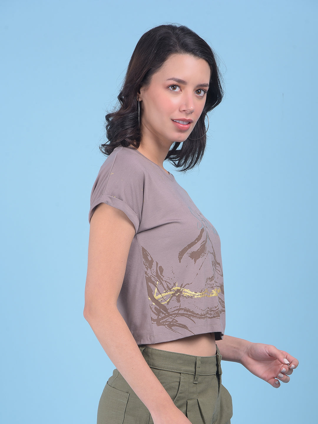 Grey Graphic Print Crop T-Shirt-Women T-shirts-Crimsoune Club