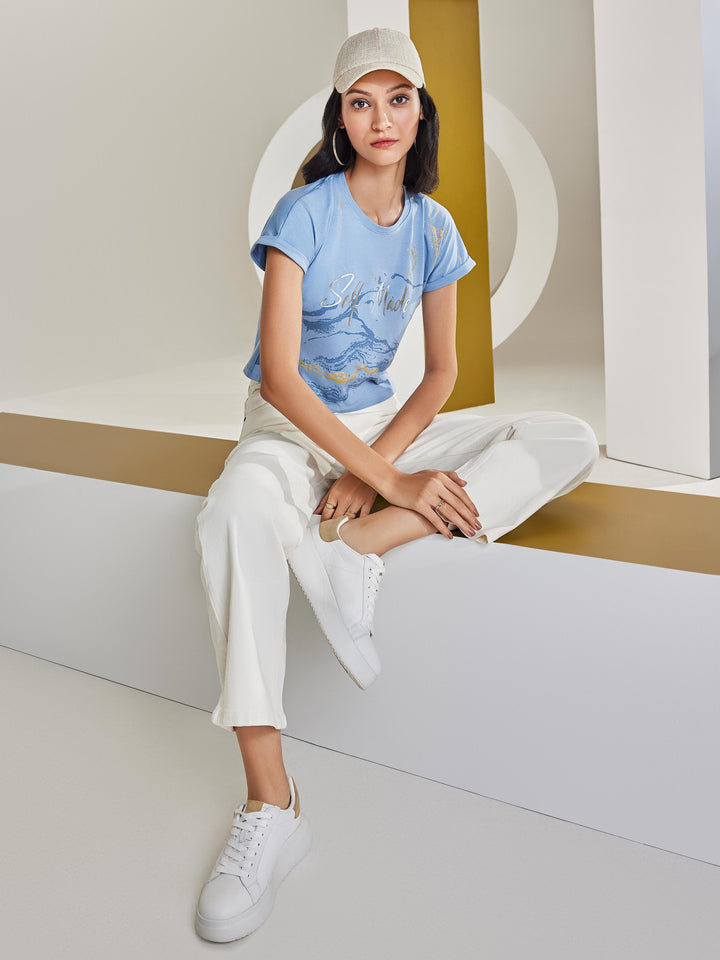 Blue Typographic T-Shirt-Women T-Shirts-Crimsoune Club