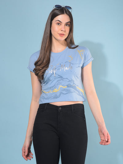 Blue Typographic T-Shirt-Women T-Shirts-Crimsoune Club