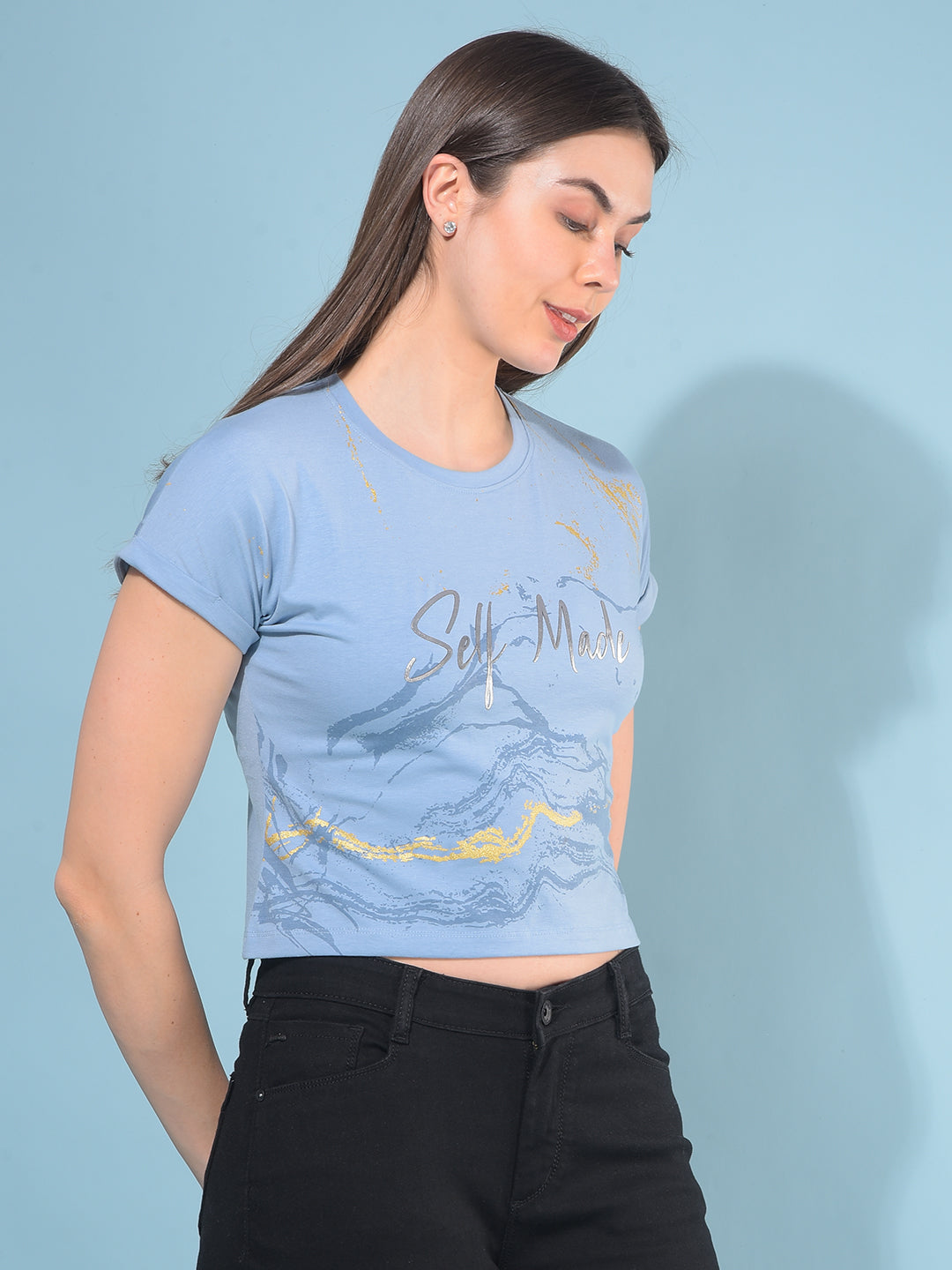 Blue Typographic T-Shirt-Women T-Shirts-Crimsoune Club