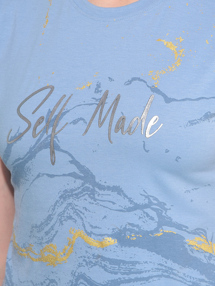 Blue Typographic T-Shirt-Women T-Shirts-Crimsoune Club