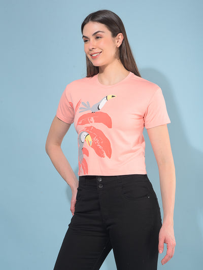 Peach Floral Print T-Shirt-Women T-Shirts-Crimsoune Club