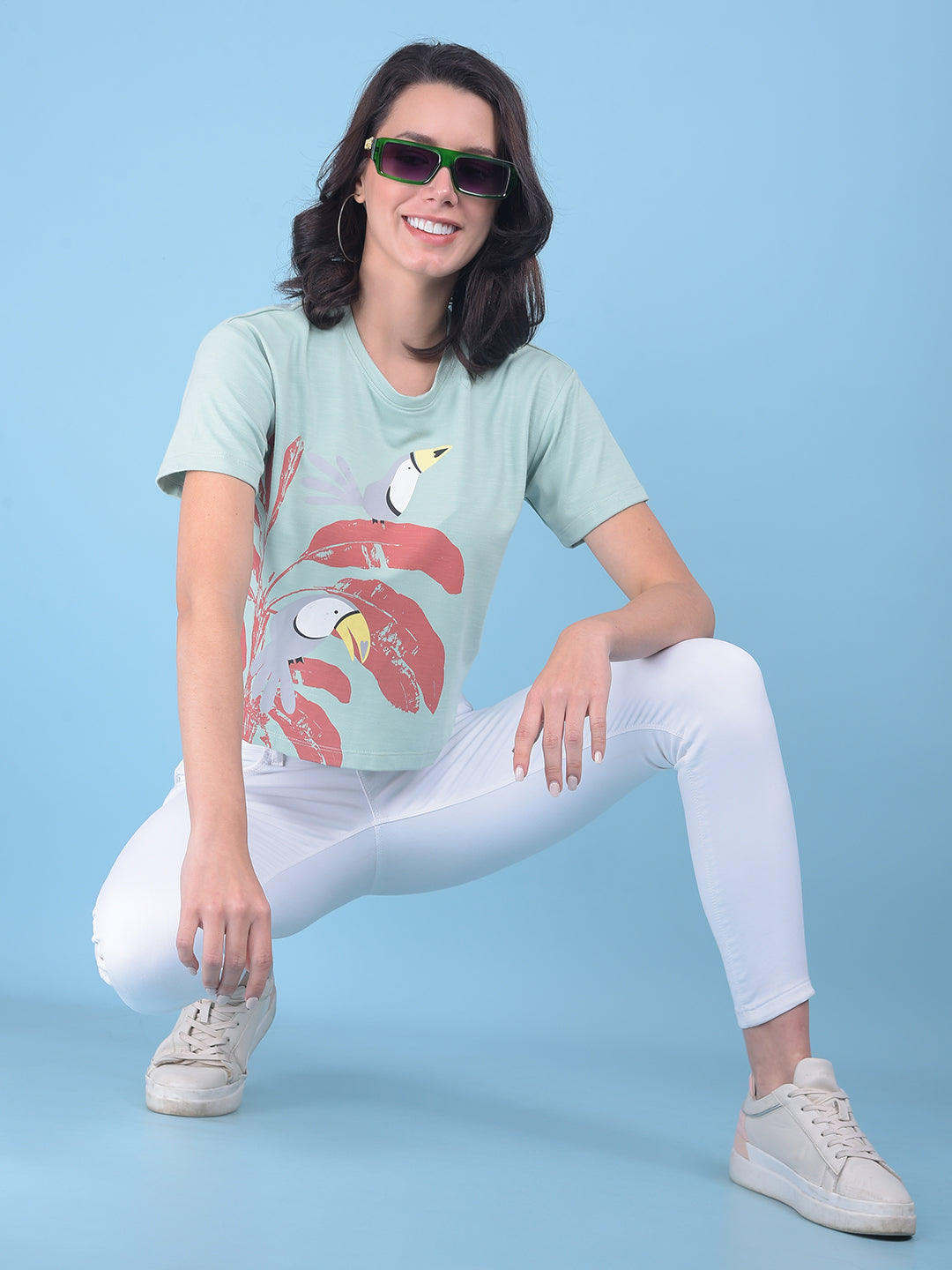 Green Floral Print Crop T-Shirt-Women T-shirts-Crimsoune Club