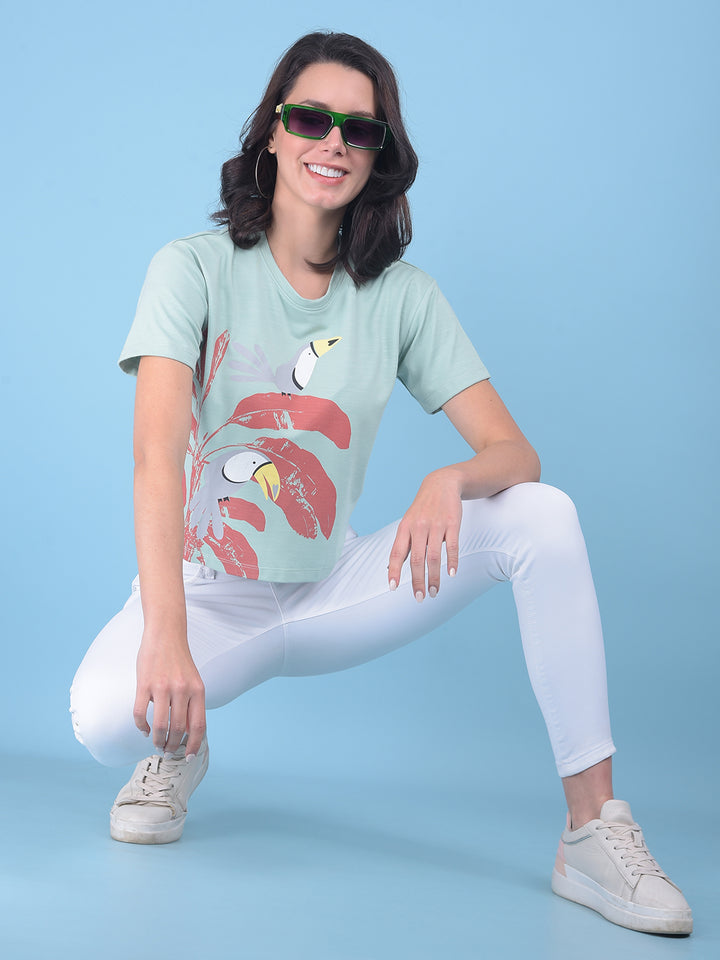 Green Floral Print Crop T-Shirt-Women T-shirts-Crimsoune Club
