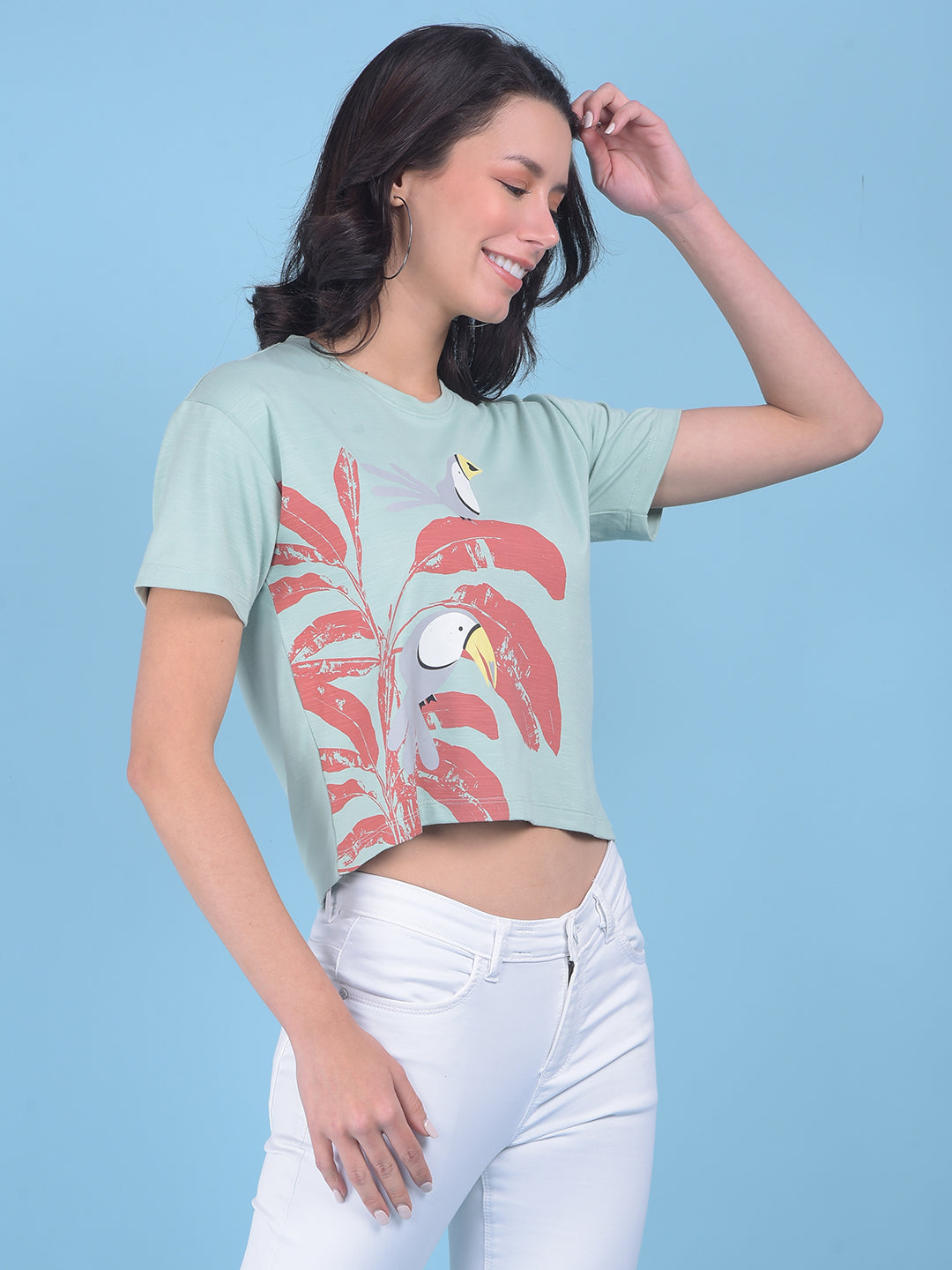 Green Floral Print Crop T-Shirt-Women T-shirts-Crimsoune Club