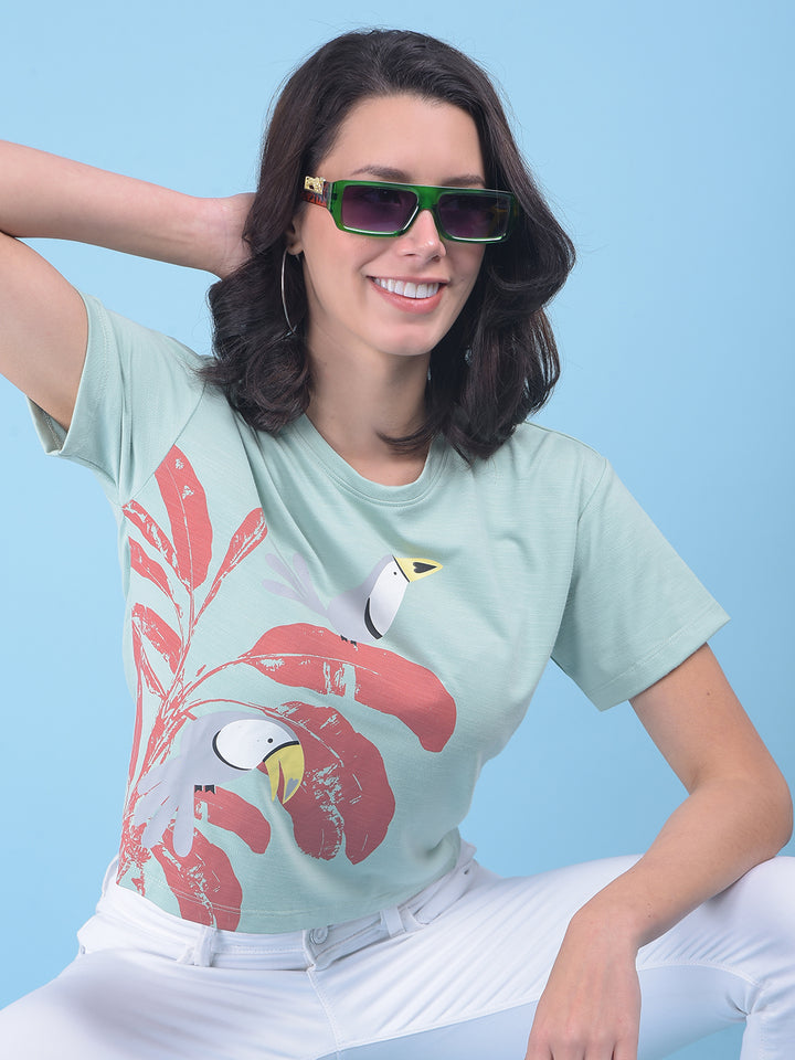 Green Floral Print Crop T-Shirt-Women T-shirts-Crimsoune Club