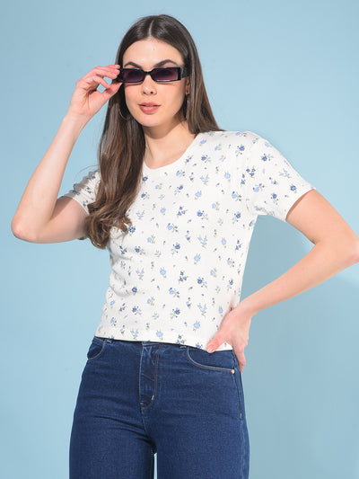 White Floral Print T-Shirt-Women T-Shirts-Crimsoune Club