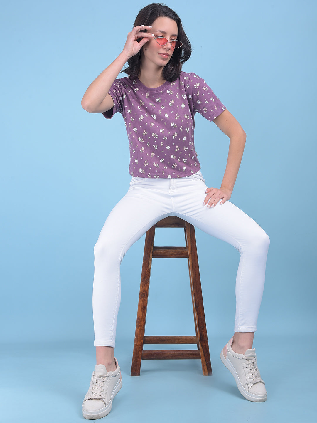 Purple Floral Print Crop T-Shirt-Women T-shirts-Crimsoune Club
