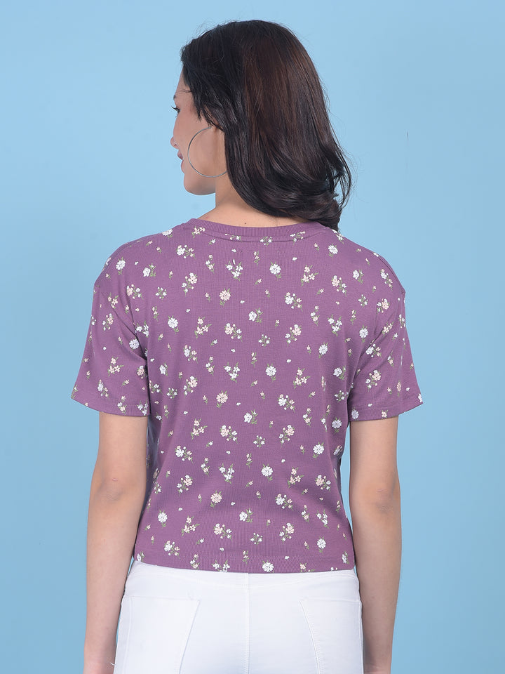 Purple Floral Print Crop T-Shirt-Women T-shirts-Crimsoune Club