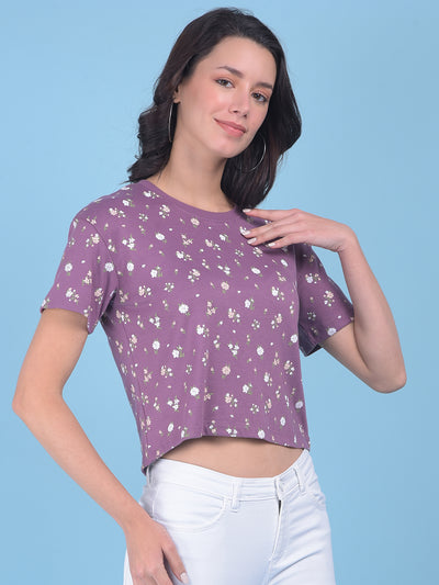 Purple Floral Print Crop T-Shirt-Women T-shirts-Crimsoune Club