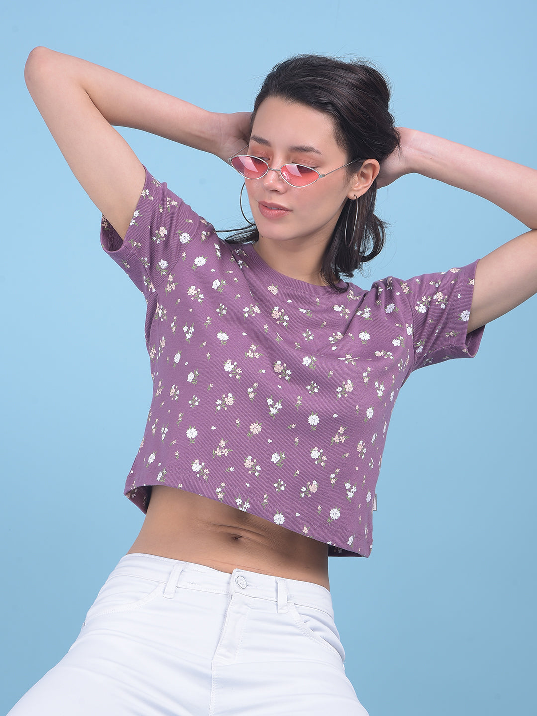 Purple Floral Print Crop T-Shirt-Women T-shirts-Crimsoune Club