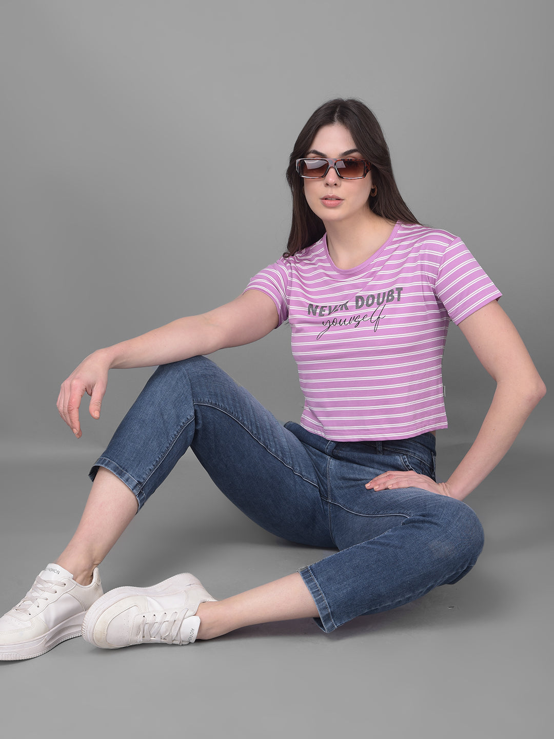 Purple Striped T-Shirt-Women T-Shirts-Crimsoune Club