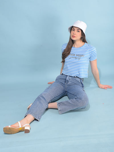 Blue Verticle Striped T-Shirt-Women T-Shirts-Crimsoune Club