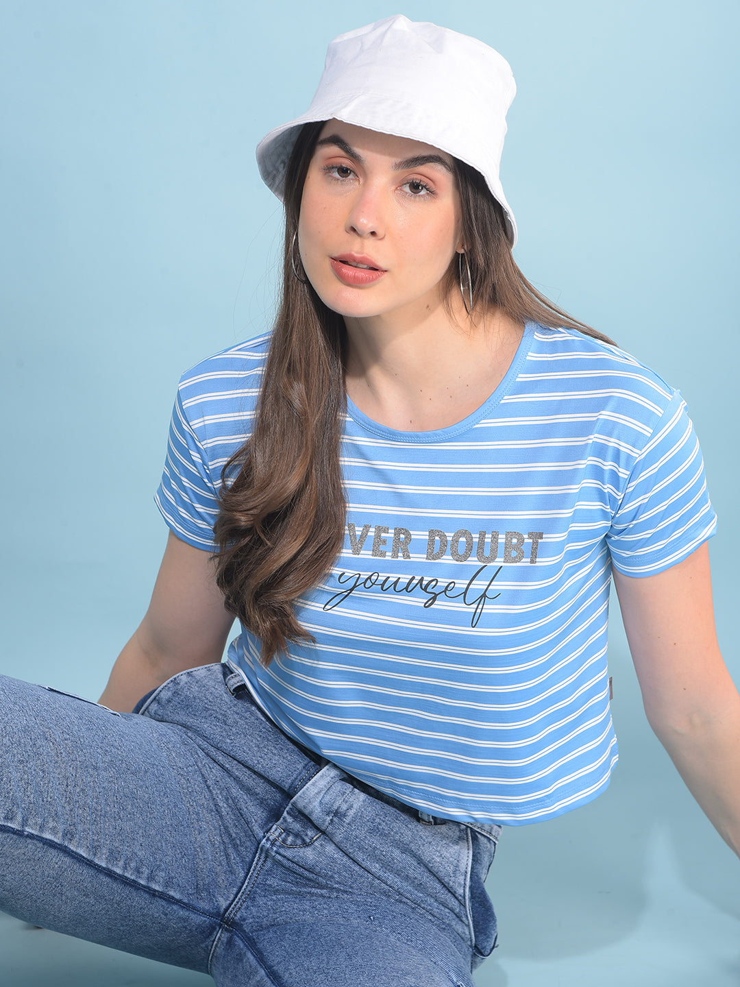 Blue Verticle Striped T-Shirt-Women T-Shirts-Crimsoune Club