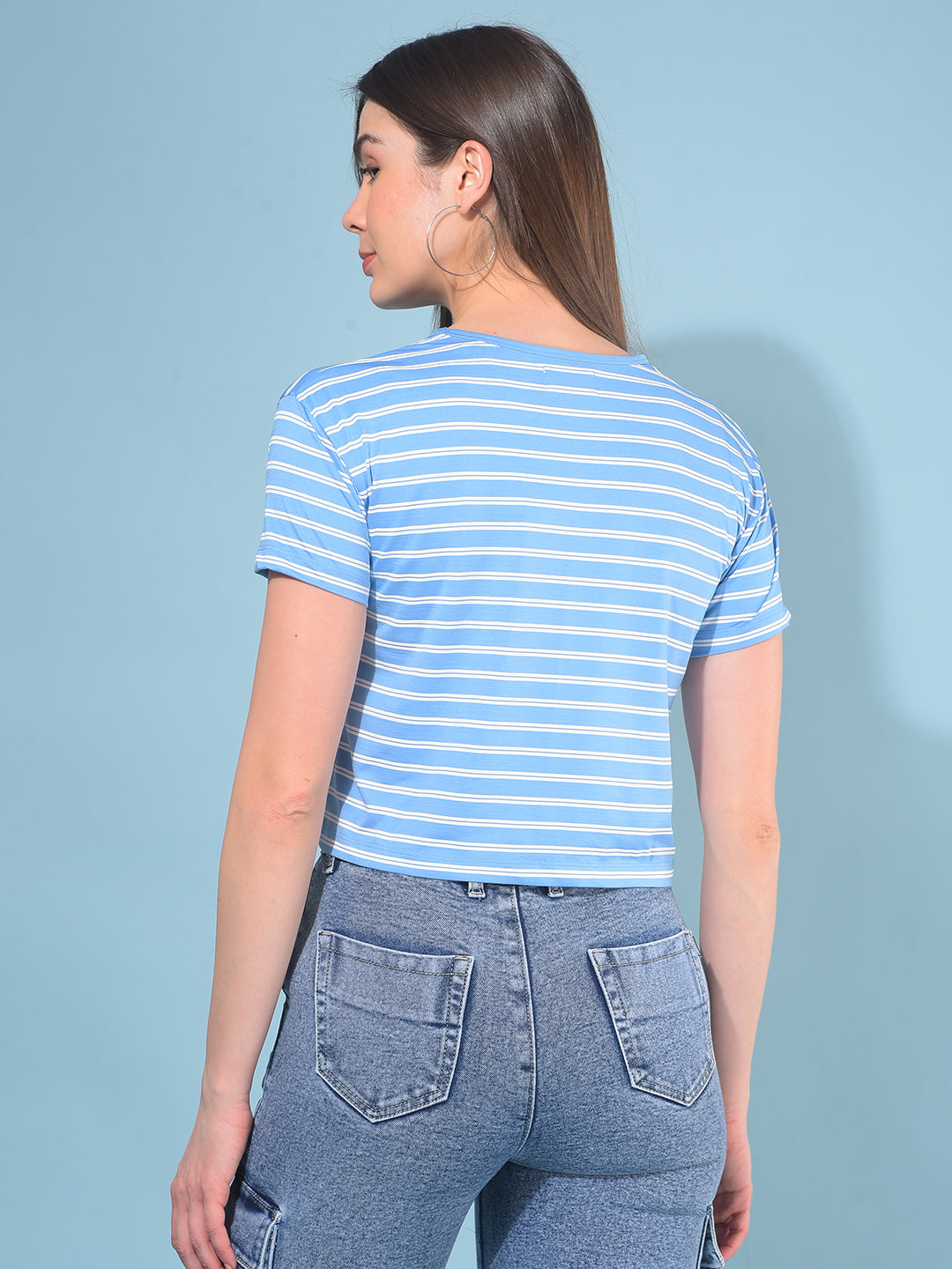 Blue Verticle Striped T-Shirt-Women T-Shirts-Crimsoune Club