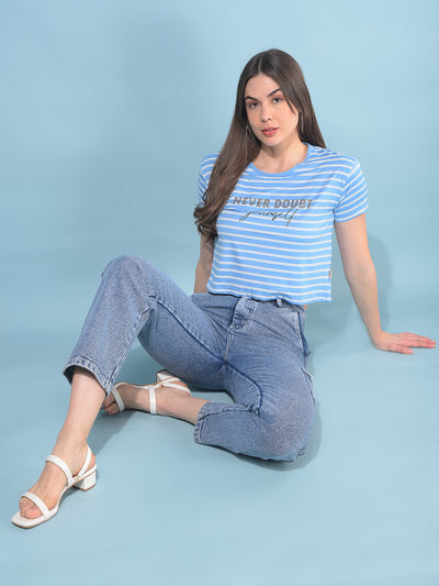 Blue Verticle Striped T-Shirt-Women T-Shirts-Crimsoune Club