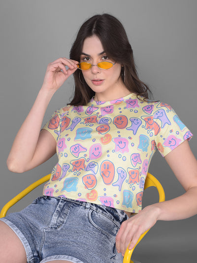 Yellow Graphic Printed T-Shirt-Women T-Shirts-Crimsoune Club