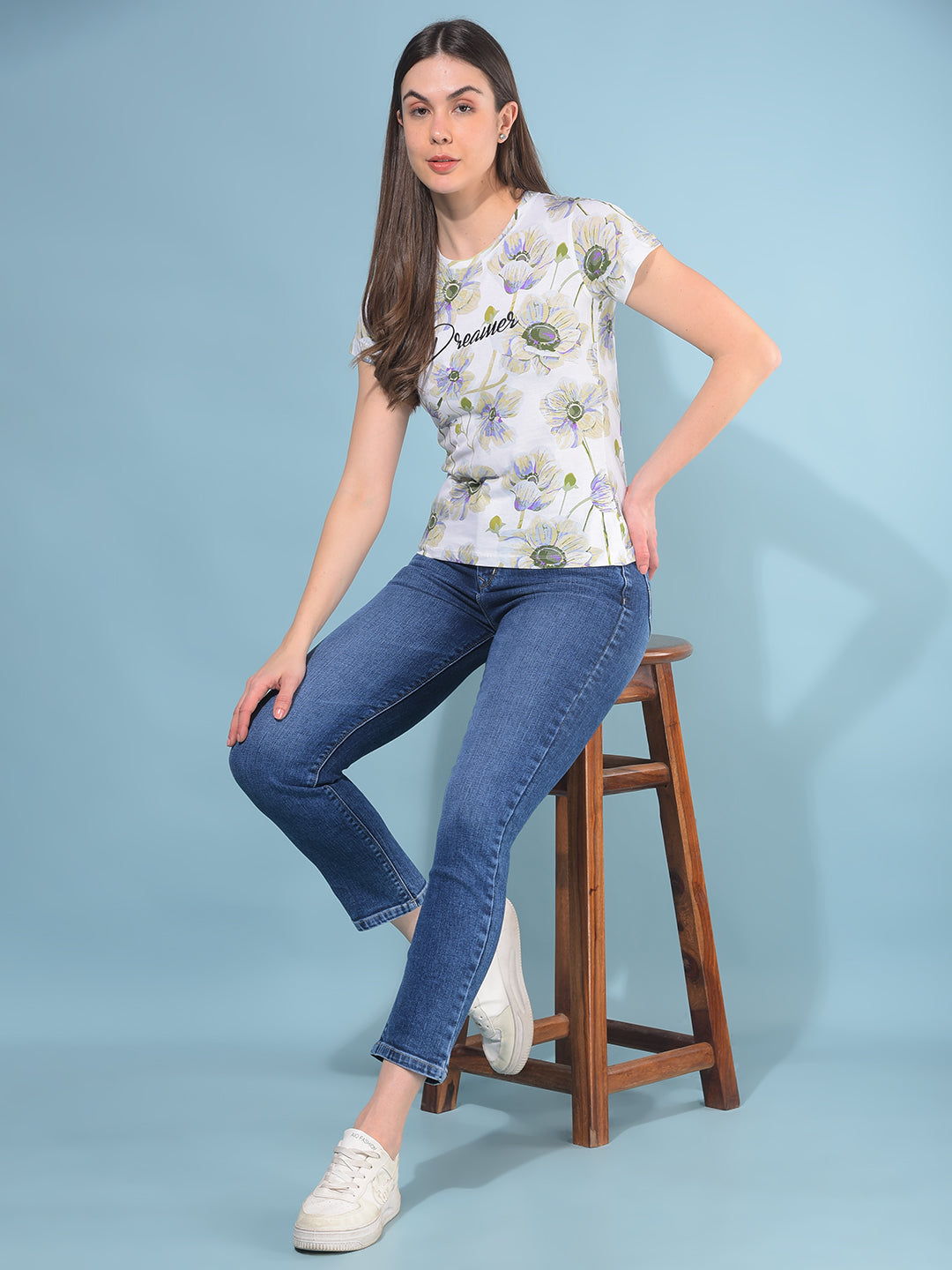 White Floral Print T-Shirt-Women T-Shirts-Crimsoune Club