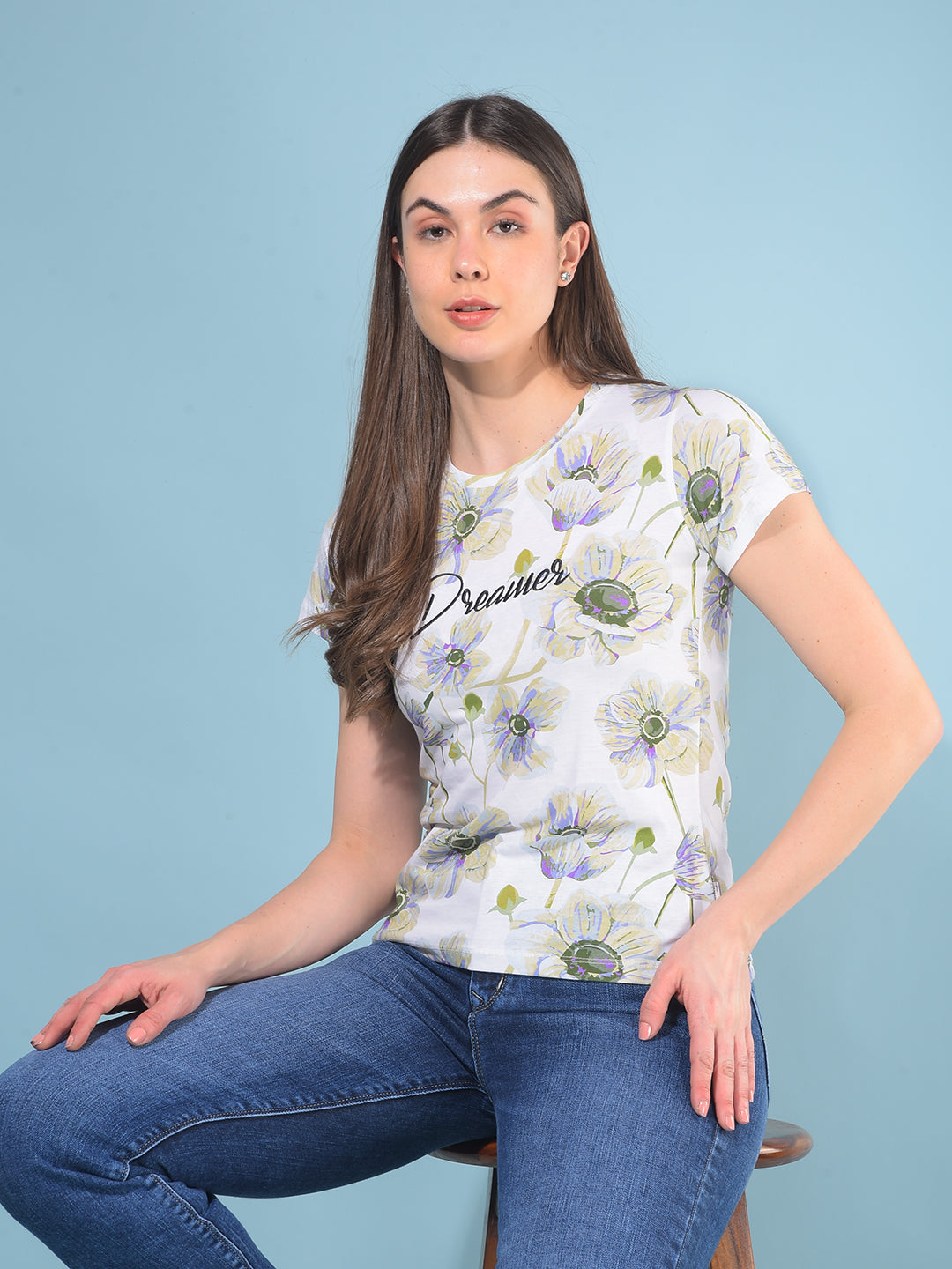 White Floral Print T-Shirt-Women T-Shirts-Crimsoune Club