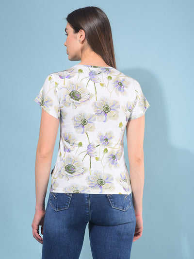 White Floral Print T-Shirt-Women T-Shirts-Crimsoune Club