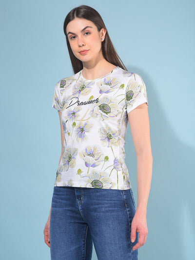 White Floral Print T-Shirt-Women T-Shirts-Crimsoune Club