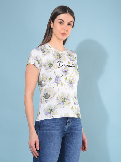 White Floral Print T-Shirt-Women T-Shirts-Crimsoune Club
