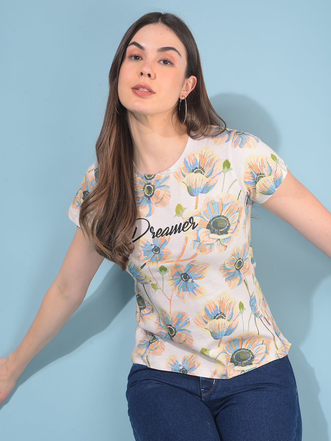 Peach Floral Print T-Shirt-Women T-Shirts-Crimsoune Club