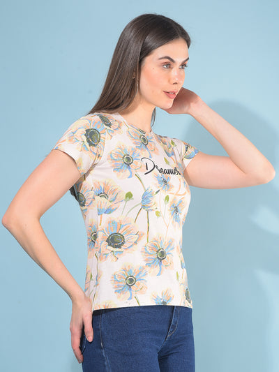 Peach Floral Print T-Shirt-Women T-Shirts-Crimsoune Club