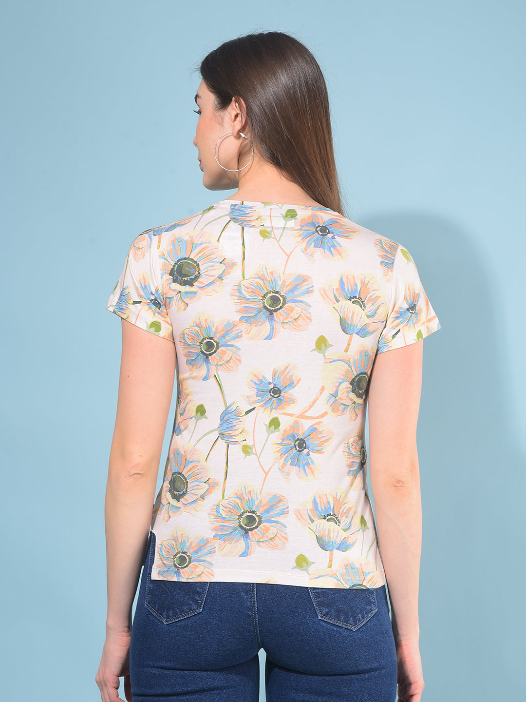 Peach Floral Print T-Shirt-Women T-Shirts-Crimsoune Club