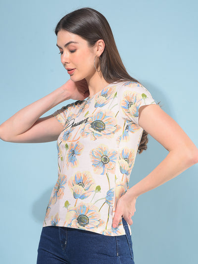 Peach Floral Print T-Shirt-Women T-Shirts-Crimsoune Club