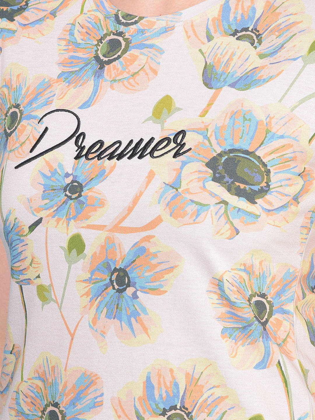 Peach Floral Print T-Shirt-Women T-Shirts-Crimsoune Club