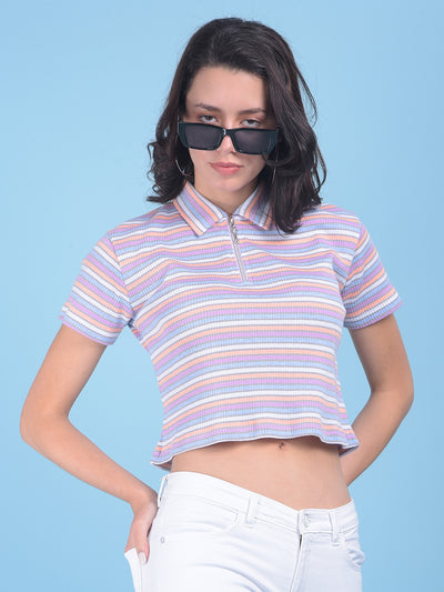 Peach Horizontal Striped Crop T-Shirt-Women T-shirts-Crimsoune Club