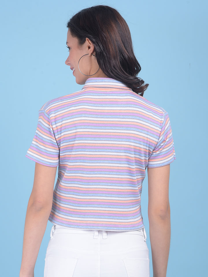 Peach Horizontal Striped Crop T-Shirt-Women T-shirts-Crimsoune Club