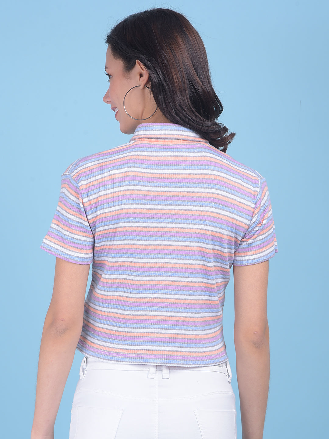 Peach Horizontal Striped Crop T-Shirt-Women T-shirts-Crimsoune Club