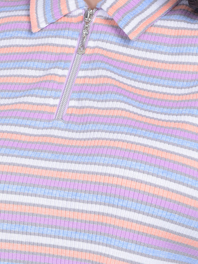 Peach Horizontal Striped Crop T-Shirt-Women T-shirts-Crimsoune Club