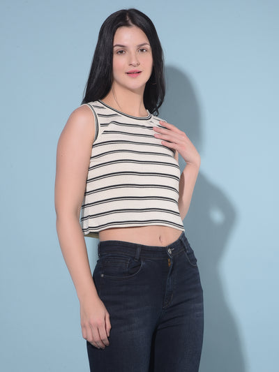 Beige Horizontal Striped Crop Length T-Shirt-Women T-Shirts-Crimsoune Club