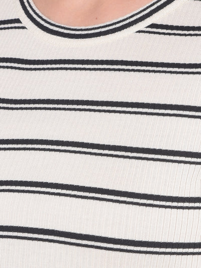 Beige Horizontal Striped Crop Length T-Shirt-Women T-Shirts-Crimsoune Club