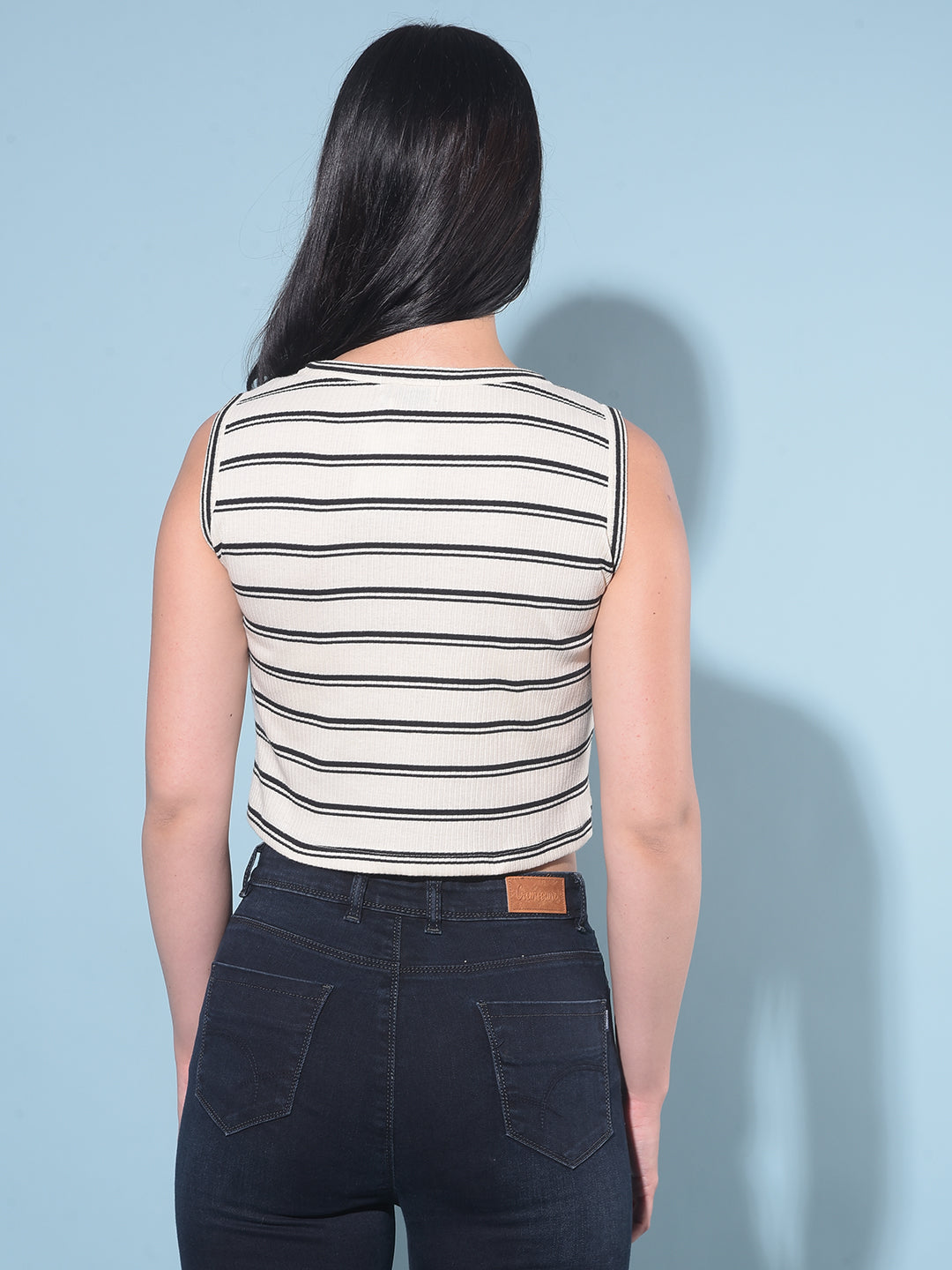 Beige Horizontal Striped Crop Length T-Shirt-Women T-Shirts-Crimsoune Club