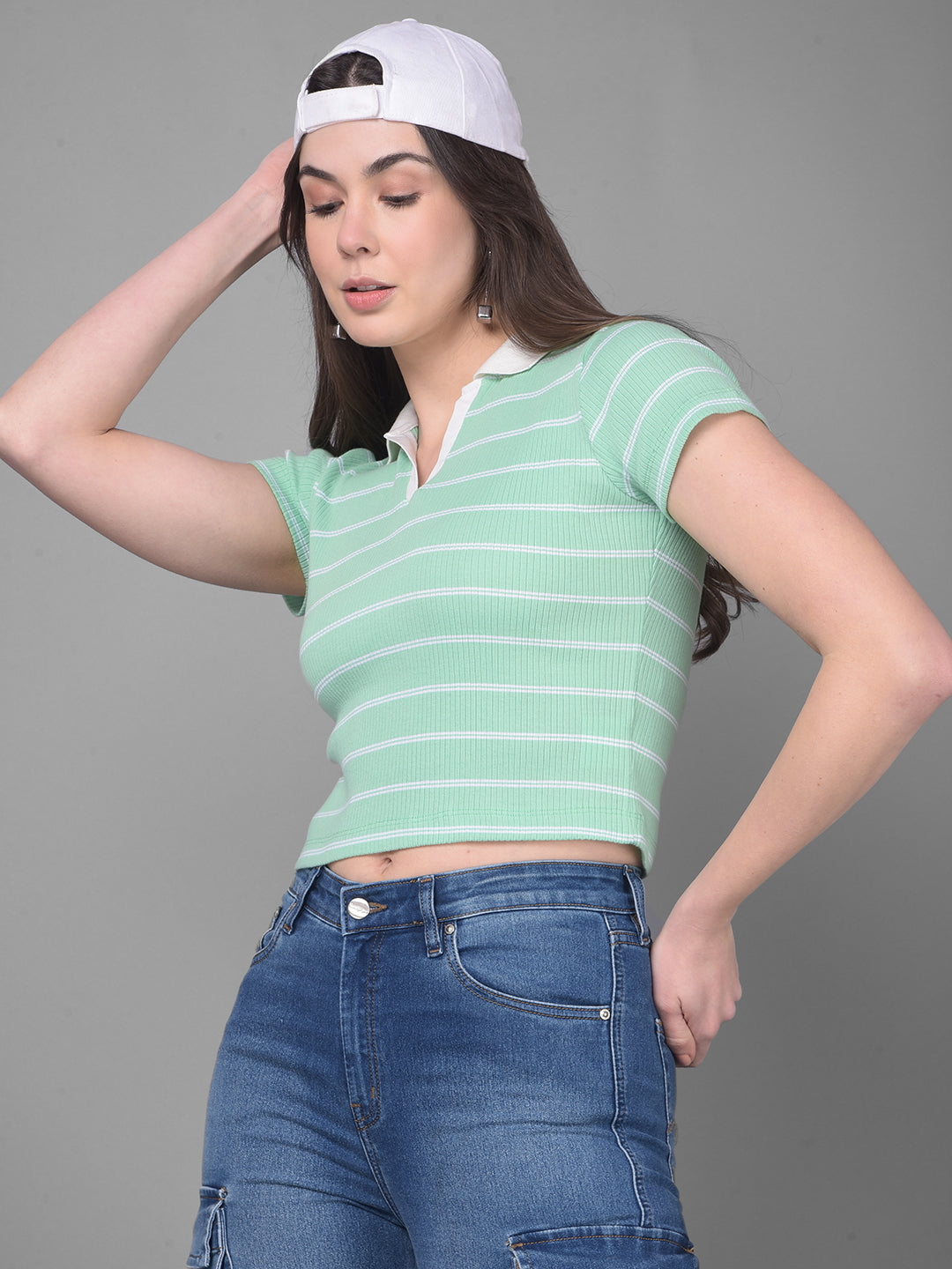 Green Striped Crop Length T-Shirt-Women T-Shirts-Crimsoune Club