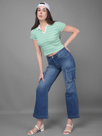 Green Striped Crop Length T-Shirt-Women T-Shirts-Crimsoune Club