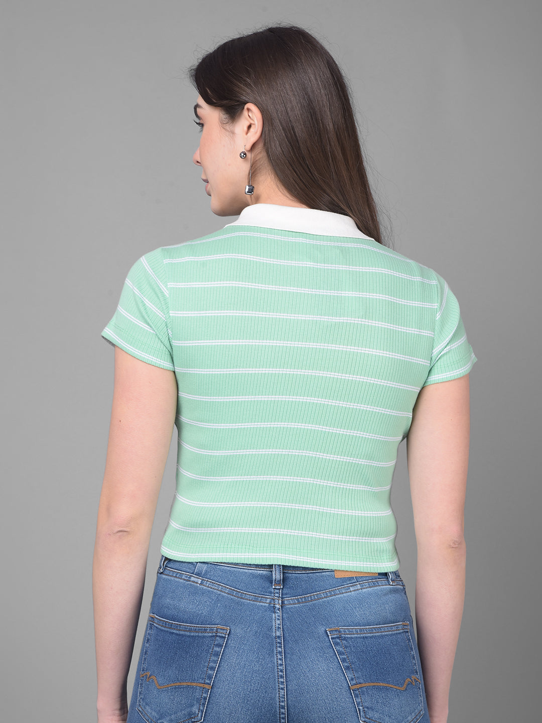 Green Striped Crop Length T-Shirt-Women T-Shirts-Crimsoune Club