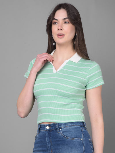 Green Striped Crop Length T-Shirt-Women T-Shirts-Crimsoune Club