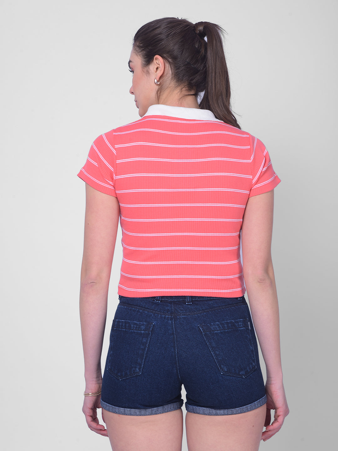 Red Striped Crop Length T-Shirt-Women T-Shirts-Crimsoune Club