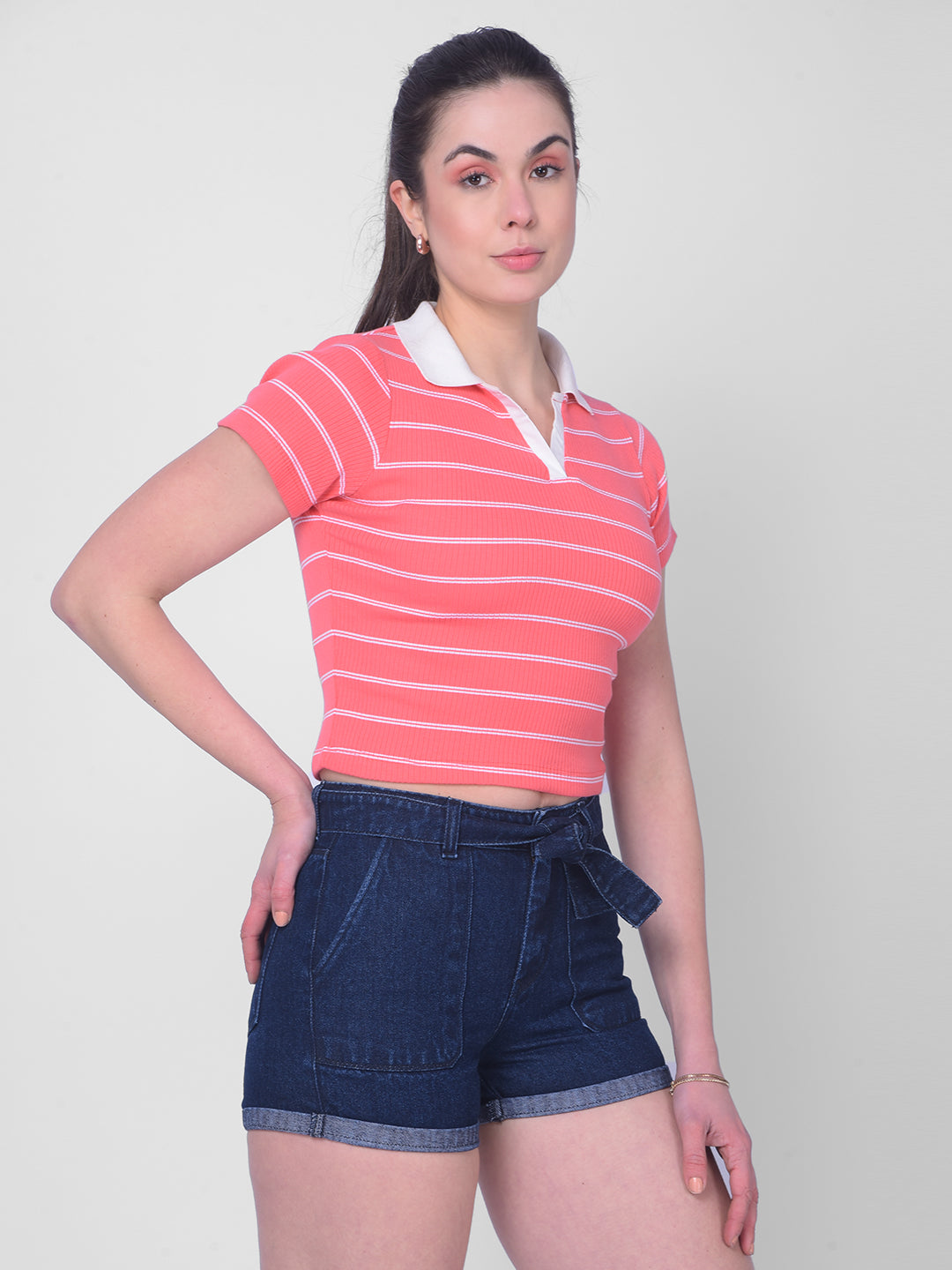 Red Striped Crop Length T-Shirt-Women T-Shirts-Crimsoune Club