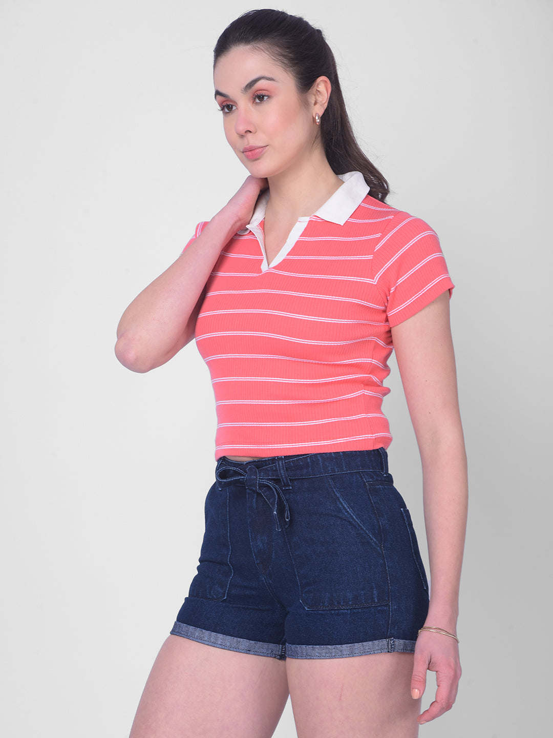 Red Striped Crop Length T-Shirt-Women T-Shirts-Crimsoune Club