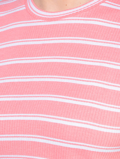 Peach Verticle Striped T-Shirt-Women T-Shirts-Crimsoune Club